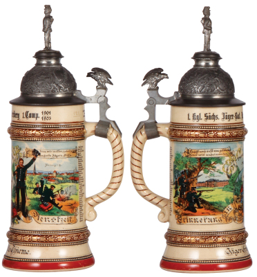 Regimental stein, .5L, 11.5'' ht., pottery, 1. Comp. Jäger Bat. Nr. 12, Freiberg, 1901 - 1903, two side scenes, roster, eagle thumblift, named to: Jäger Ernst Otto Thieme, mint. - 2