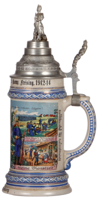 Regimental stein, .5L, 11.3" ht., stoneware, 3. Komp., bayr. 1. Jäger Bat., Freising 1912 - 1914, four side scenes, roster, lion thumblift, named to: Jäger Georg Gayer, screw-off finial with photo inside, mint.  - 2