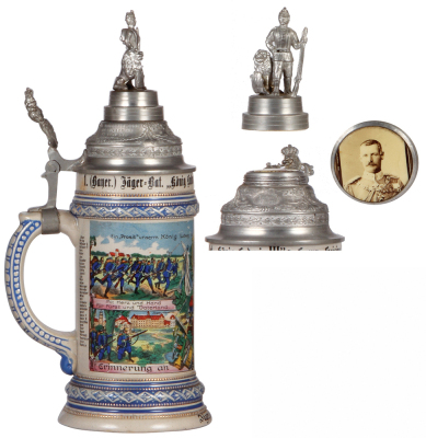 Regimental stein, .5L, 11.3" ht., stoneware, 3. Komp., bayr. 1. Jäger Bat., Freising 1912 - 1914, four side scenes, roster, lion thumblift, named to: Jäger Georg Gayer, screw-off finial with photo inside, mint.  - 3