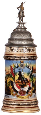 Regimental stein, .5L, 11.5'' ht., pottery, 3. Esk., Kürassier Regt. Nr. 8, Cöln-Deutz, 1900 - 1903, two side scenes, roster, eagle thumblift, named to: Res. Dreÿdoppel, mint.