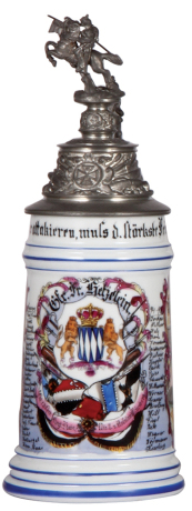 Regimental stein, .5L, 10.7'' ht., porcelain, 4. Esk., 1. bayr. Chevauleger, Nürnberg, 1894 - 1897, four side scenes, roster, lion thumblift, named to: Gefr. Fr. Hetzetein, mint.