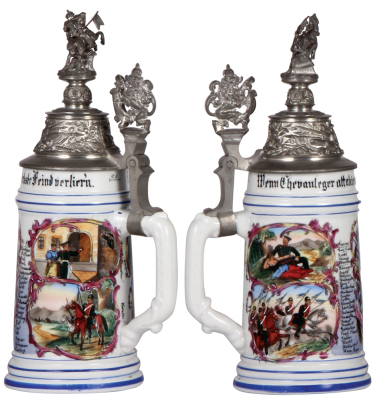 Regimental stein, .5L, 10.7'' ht., porcelain, 4. Esk., 1. bayr. Chevauleger, Nürnberg, 1894 - 1897, four side scenes, roster, lion thumblift, named to: Gefr. Fr. Hetzetein, mint. - 2