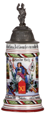 Regimental stein, .5L, 10.9'' ht., porcelain, Handw. Abthl. d. Bekleidungsamts XI. Armeekorps, Kassel, 1902 - 1904, two side scenes, roster, eagle thumblift, named to: Oek. Handw. Volk, mint.