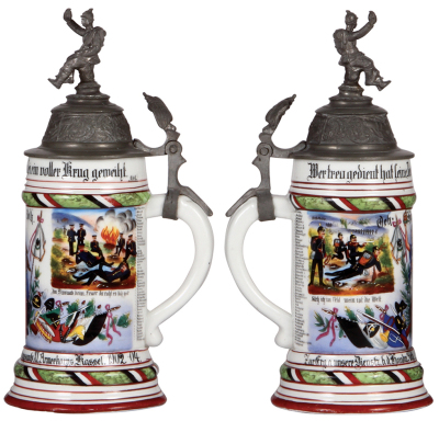 Regimental stein, .5L, 10.9'' ht., porcelain, Handw. Abthl. d. Bekleidungsamts XI. Armeekorps, Kassel, 1902 - 1904, two side scenes, roster, eagle thumblift, named to: Oek. Handw. Volk, mint. - 2