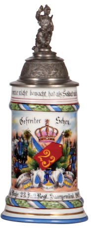 Regimental stein, .5L, 10.7" ht., porcelain, 6. Comp., bayr, Inft. Regt. Nr. 23, Saargemünd, 1902 - 1904, two side scenes, roster, lion thumblift, named to: Gefreiter Scheu, mint. 