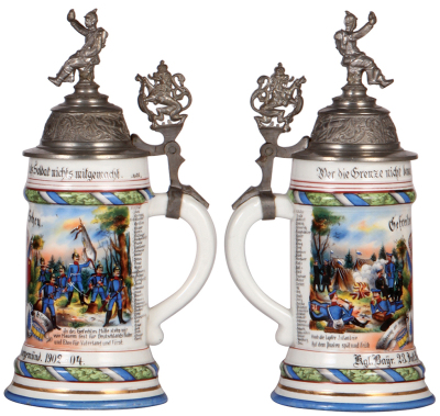 Regimental stein, .5L, 10.7" ht., porcelain, 6. Comp., bayr, Inft. Regt. Nr. 23, Saargemünd, 1902 - 1904, two side scenes, roster, lion thumblift, named to: Gefreiter Scheu, mint.  - 2