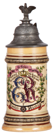 Regimental stein, .5L, 10.5" ht., pottery, 2. Comp., Eisenbahn Regt. Nr. 1, Berlin, 1900 - 1902, one side scene, roster, winged wheel thumblift, named to: Pionier Friedrichs, slight pewter tear, otherwise mint. 