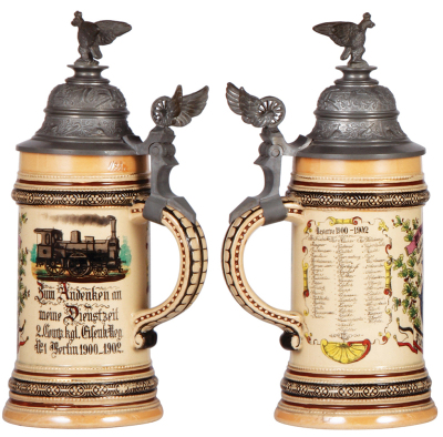 Regimental stein, .5L, 10.5" ht., pottery, 2. Comp., Eisenbahn Regt. Nr. 1, Berlin, 1900 - 1902, one side scene, roster, winged wheel thumblift, named to: Pionier Friedrichs, slight pewter tear, otherwise mint.  - 2