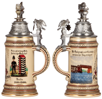 Regimental stein, .5L, 10.4" ht., pottery, 1. Comp., Eisenbahn Regt. Nr. 3, Berlin, 1898 - 1900, two side scenes, eagle thumblift, named to: Pionier Steffens, mint.  - 2