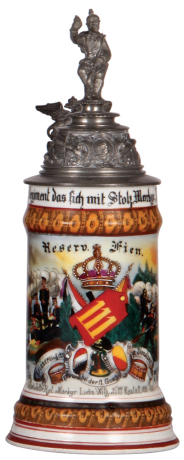 Regimental stein, .5L, 11.0" ht., porcelain, 11. Comp., Inft. Regt. Nr. 111, Rastatt, 1898 - 1900, two side scenes, roster, griffin thumblift, named to: Reserv. Fien, mint. 