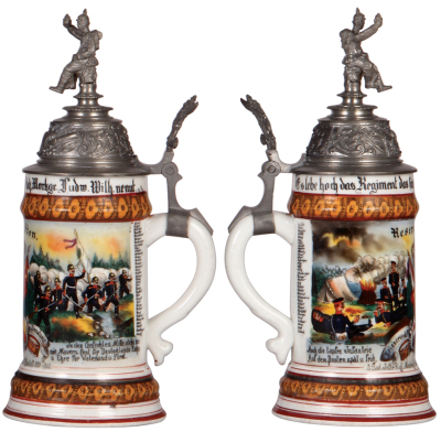 Regimental stein, .5L, 11.0" ht., porcelain, 11. Comp., Inft. Regt. Nr. 111, Rastatt, 1898 - 1900, two side scenes, roster, griffin thumblift, named to: Reserv. Fien, mint.  - 2