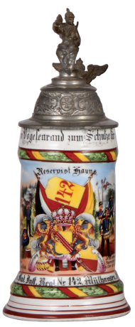 Regimental stein, .5L, 10.9" ht., porcelain, 10. Comp., Inft. Regt. Nr. 142, Mülhausen, 1902 - 1904, two side scenes, roster, griffin thumblift, named to: Reservist Hauns, faint lithophane lines, otherwise mint.