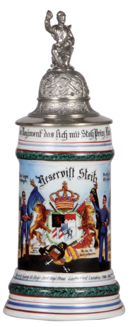 Regimental stein, 5.L, 10.5'' ht., porcelain, 8. Comp., Inft. Regt. Nr. 18, Landau, 1900 - 1902, two side scenes, roster, lion thumblift, named to: Reservist Steitz, mint.