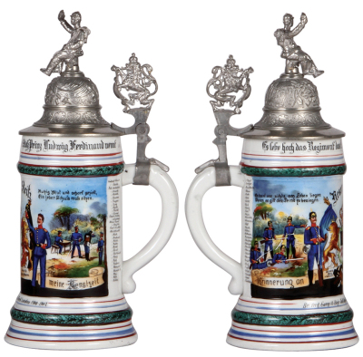 Regimental stein, 5.L, 10.5'' ht., porcelain, 8. Comp., Inft. Regt. Nr. 18, Landau, 1900 - 1902, two side scenes, roster, lion thumblift, named to: Reservist Steitz, mint. - 2