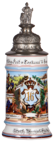 Regimental stein, 5.L, 10.6'' ht., porcelain, 5. Comp., bayr. Inft. Regt. Nr. 16, Passau, 1898 - 1900, four side scenes, under handle: Hoch lebe Ökonomie!, lion thumblift, named to: Untfz. Michael Haidn, mint.