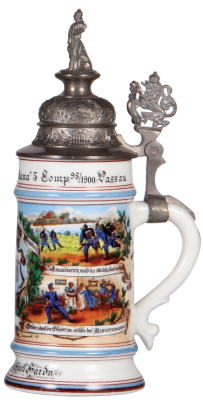 Regimental stein, 5.L, 10.6'' ht., porcelain, 5. Comp., bayr. Inft. Regt. Nr. 16, Passau, 1898 - 1900, four side scenes, under handle: Hoch lebe Ökonomie!, lion thumblift, named to: Untfz. Michael Haidn, mint. - 2