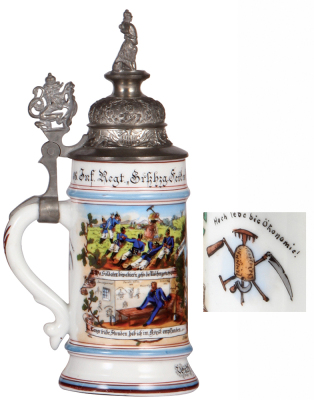 Regimental stein, 5.L, 10.6'' ht., porcelain, 5. Comp., bayr. Inft. Regt. Nr. 16, Passau, 1898 - 1900, four side scenes, under handle: Hoch lebe Ökonomie!, lion thumblift, named to: Untfz. Michael Haidn, mint. - 3