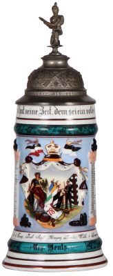 Regimental stein, .5L, 11.2" ht., porcelain, 5. Comp., Inft, Regt, Nr. 78, Osnabrück, 1905 - 1907, four side scenes, roster, eagle thumblift, named to: Res. Bents, slight pewter tear, body mint. 