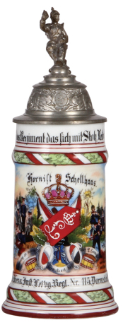 Regimental stein, .5L, 10.6" ht., porcelain, 2. Comp., Inft. Regt. Nr. 115, Darmstadt, 1903 - 1905, two side scenes, roster, lion thumblift, named to: Hornist Schellhaas, mint. 