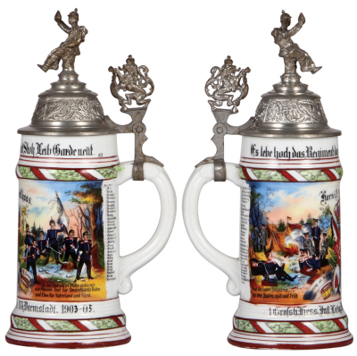 Regimental stein, .5L, 10.6" ht., porcelain, 2. Comp., Inft. Regt. Nr. 115, Darmstadt, 1903 - 1905, two side scenes, roster, lion thumblift, named to: Hornist Schellhaas, mint.  - 2