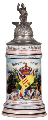 Regimental stein, .5L, 10.6'' ht., porcelain, 2. Comp., Inft. Regt. Nr. 112, Mülhausen, 1900 - 1902, two side scenes, roster, griffin thumblift, named to: Reservist Jenne, slight roster wear.