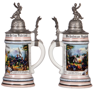 Regimental stein, .5L, 10.6'' ht., porcelain, 2. Comp., Inft. Regt. Nr. 112, Mülhausen, 1900 - 1902, two side scenes, roster, griffin thumblift, named to: Reservist Jenne, slight roster wear. - 2