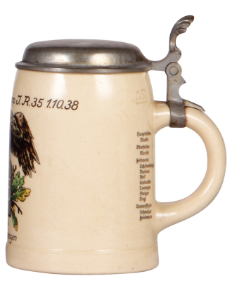 Germany military stein, .5L, pottery, Uffz. Korps, 1. Komp., I.R. 35, 1.10.38, owner's name, pewter lid, mint. - 2