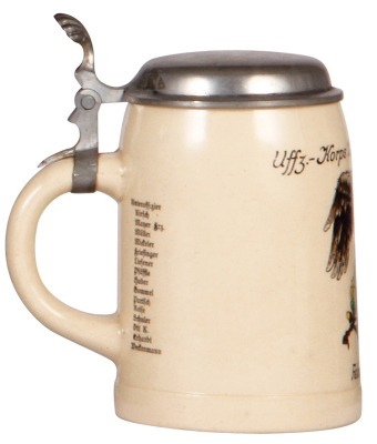 Germany military stein, .5L, pottery, Uffz. Korps, 1. Komp., I.R. 35, 1.10.38, owner's name, pewter lid, mint. - 3