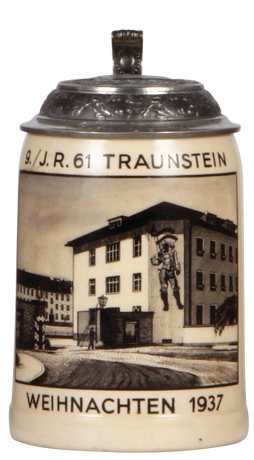 German military stein, .5L, pottery, 9./I.R. 61, Traunstein, 1937, pewter lid with relief helmet, owner's name on lid, mint.  A DETAILED PHOTO OF THE LID IS AVAILABLE, PLEASE EMAIL YOUR REQUEST.