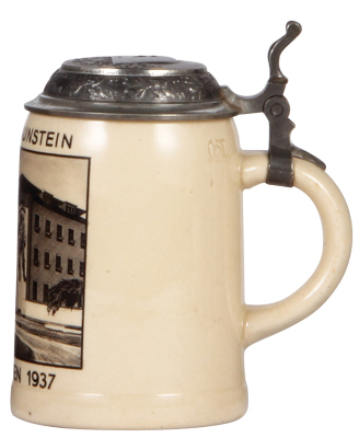 German military stein, .5L, pottery, 9./I.R. 61, Traunstein, 1937, pewter lid with relief helmet, owner's name on lid, mint.  A DETAILED PHOTO OF THE LID IS AVAILABLE, PLEASE EMAIL YOUR REQUEST. - 2