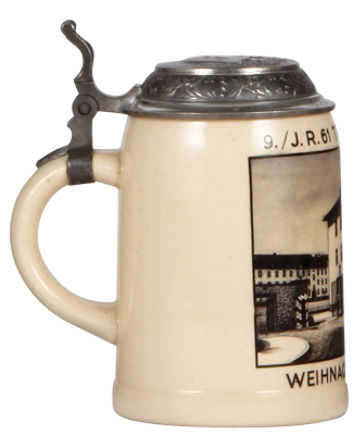 German military stein, .5L, pottery, 9./I.R. 61, Traunstein, 1937, pewter lid with relief helmet, owner's name on lid, mint.  A DETAILED PHOTO OF THE LID IS AVAILABLE, PLEASE EMAIL YOUR REQUEST. - 3