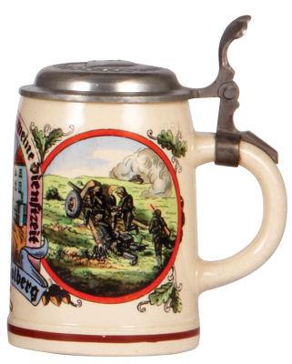 German military stein, .5L, pottery, Pz. 32, Kolberg, pewter lid with relief helmet, excellent pewter strap repair, body mint. A DETAILED PHOTO OF THE LID IS AVAILABLE, PLEASE EMAIL YOUR REQUEST. - 2