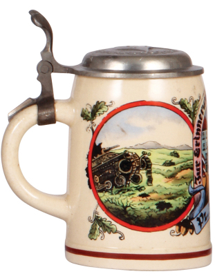 German military stein, .5L, pottery, Pz. 32, Kolberg, pewter lid with relief helmet, excellent pewter strap repair, body mint. A DETAILED PHOTO OF THE LID IS AVAILABLE, PLEASE EMAIL YOUR REQUEST. - 3