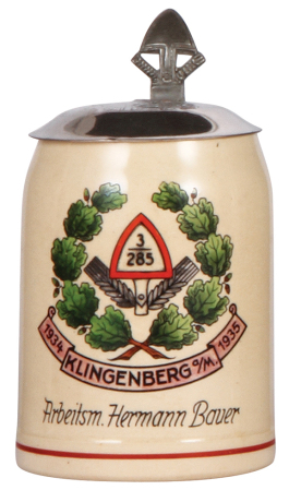 German military stein, .5L, pottery, Labor Company, 3./285., Klingenberg a. M., 1934 - 1935, owner's name relief metal lid with worker, mint.