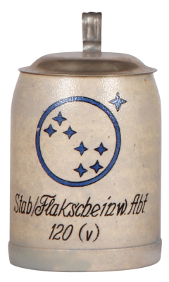 German military stein, .5L, stoneware, c.1940, Stab/Flakscheinw. Abt. 120 [v.], metal lid, pewter strap repaired, body mint.