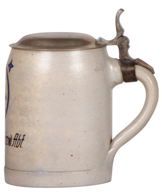 German military stein, .5L, stoneware, c.1940, Stab/Flakscheinw. Abt. 120 [v.], metal lid, pewter strap repaired, body mint. - 2