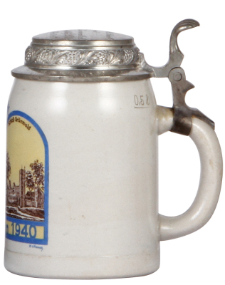 German military stein, .5L, stoneware, L. Sch. Btl. 529, 1940, pewter lid engraved with owner's name, Jan.-Feb. 1940, mint.  - 2