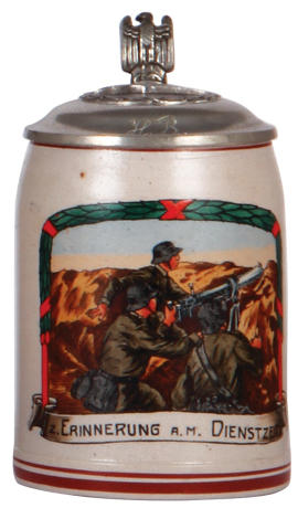 German military stein, .5L, stoneware, late 1930s, machine gun scene, Z. Erinnerung a.m. Dienstzeit, pewter lid with relief helmet, owner's initials on lid, mint. A DETAILED PHOTO OF THE LID IS AVAILABLE, PLEASE EMAIL YOUR REQUEST.