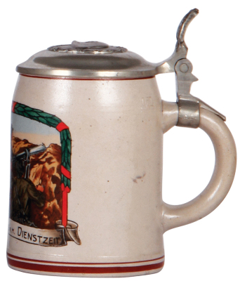 German military stein, .5L, stoneware, late 1930s, machine gun scene, Z. Erinnerung a.m. Dienstzeit, pewter lid with relief helmet, owner's initials on lid, mint. A DETAILED PHOTO OF THE LID IS AVAILABLE, PLEASE EMAIL YOUR REQUEST. - 2