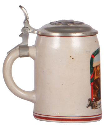 German military stein, .5L, stoneware, late 1930s, machine gun scene, Z. Erinnerung a.m. Dienstzeit, pewter lid with relief helmet, owner's initials on lid, mint. A DETAILED PHOTO OF THE LID IS AVAILABLE, PLEASE EMAIL YOUR REQUEST. - 3