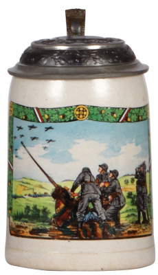 German military stein, .5L, stoneware, late 1930s, flak scene, pewter lid with relief helmet, inscription: Uffz. Corps II Flak II, owner's name, scratches on lid. A DETAILED PHOTO OF THE LID IS AVAILABLE, PLEASE EMAIL YOUR REQUEST.