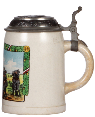 German military stein, .5L, stoneware, late 1930s, flak scene, pewter lid with relief helmet, inscription: Uffz. Corps II Flak II, owner's name, scratches on lid. A DETAILED PHOTO OF THE LID IS AVAILABLE, PLEASE EMAIL YOUR REQUEST. - 2