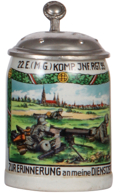 German military stein, .5L, stoneware, c.1940, 22. E. [M.G.] Komp. Inft. Regt. 95, pewter lid is an old replacement, body mint. 