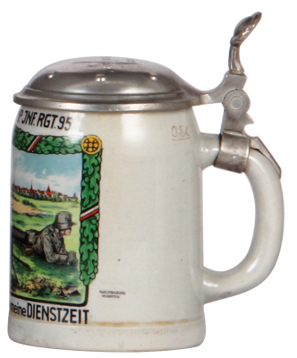 German military stein, .5L, stoneware, c.1940, 22. E. [M.G.] Komp. Inft. Regt. 95, pewter lid is an old replacement, body mint.  - 2