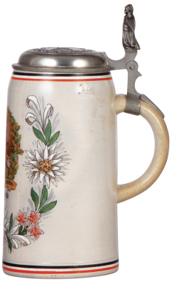 Stoneware stein, 1.0L, transfer & hand-painted, General Feldmarschall v. Hindenburg, 1914, 1915, 1916, relief pewter lid: Iron Cross, 1914, mint. - 2