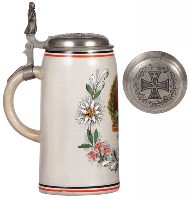 Stoneware stein, 1.0L, transfer & hand-painted, General Feldmarschall v. Hindenburg, 1914, 1915, 1916, relief pewter lid: Iron Cross, 1914, mint. - 3