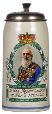 Stoneware stein, 1.0L, transfer & hand-painted, Prinz-Regent Luitpold, 12. März, 1821 - 1911, relief pewter lid: Bavarian cities coat-of-arms, mint.