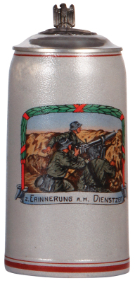 German military stein, 1.0L, stoneware, late 1930s, machine gun scene, pewter lid with relief helmet, mint. A DETAILED PHOTO OF THE LID IS AVAILABLE, PLEASE EMAIL YOUR REQUEST.