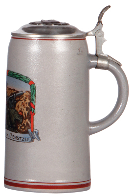 German military stein, 1.0L, stoneware, late 1930s, machine gun scene, pewter lid with relief helmet, mint. A DETAILED PHOTO OF THE LID IS AVAILABLE, PLEASE EMAIL YOUR REQUEST. - 2