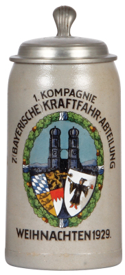 Military stein, 1.0L, stoneware, 1. Komp., 7. [Bayerische] Kraftfahr Abteilung, 1929, pewter lid, slight pewter tear, body mint.